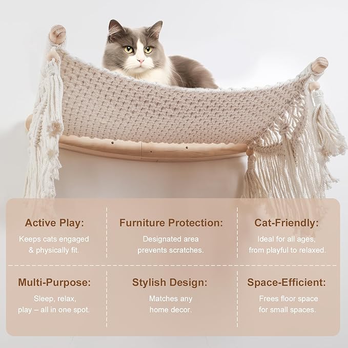 Cat Wall Shelves & Hammock - Comfy Cat Beds with Window Perch for Indoor Fun, Durable Wood & Macrame Cotton Ropes (21.6 * 11.8 Inches) for Sleeping & Climbing