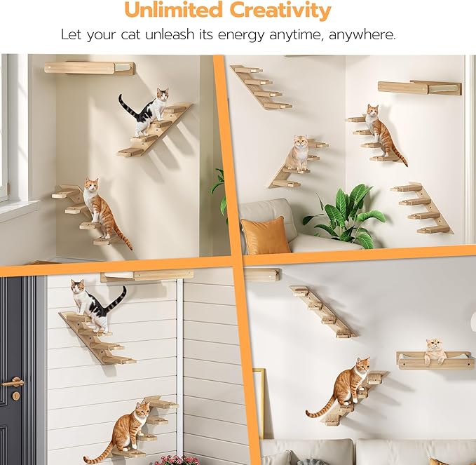 HOOBRO Wood Cat Wall Shelves, 4-Level Cat Wall Steps with Jute Scratching Steps, Cat Climbing Wall, Cat Wall Furniture, Easy to Install, Holds up to 40 lb, Natural NL11CS03