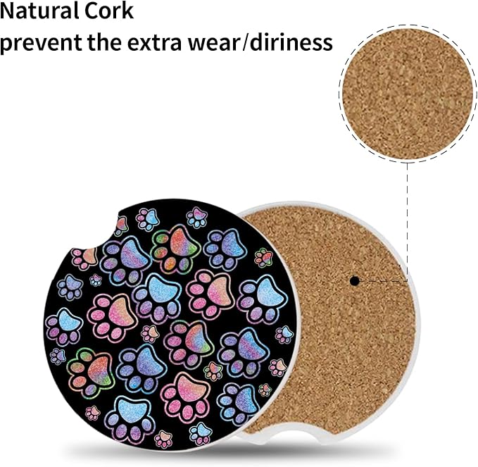 2 Pack Absorbent Car Coasters for Cup Holders,Gradient Black Dog paw Print Ceramic Coasters with Cork Back and Finger Slot,2.56" Auto Accessories for Women & Men.