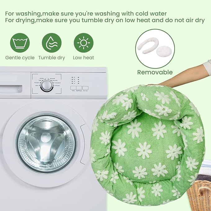 Cat Bed & Dog Bed, Removable Cozy Soft Cat Bed Washable Round Cute Dog Bed with Jacquard for Small Medium Cats and Dogs, Green Flower M