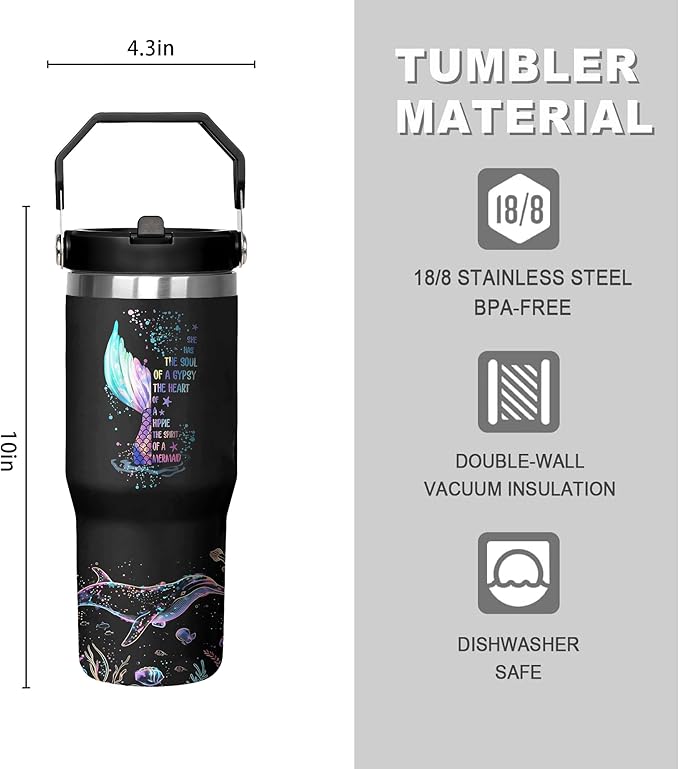 30 Oz Mermaid Tumbler with Handle and Straw, Mermaid Cups Insulated Mermaid Coffee Mug, Double Wall Stainless Steel Mermaid Mug, 30 Oz Leak Proof Mermaid Coffee Cup and Mermaid Gifts for Women