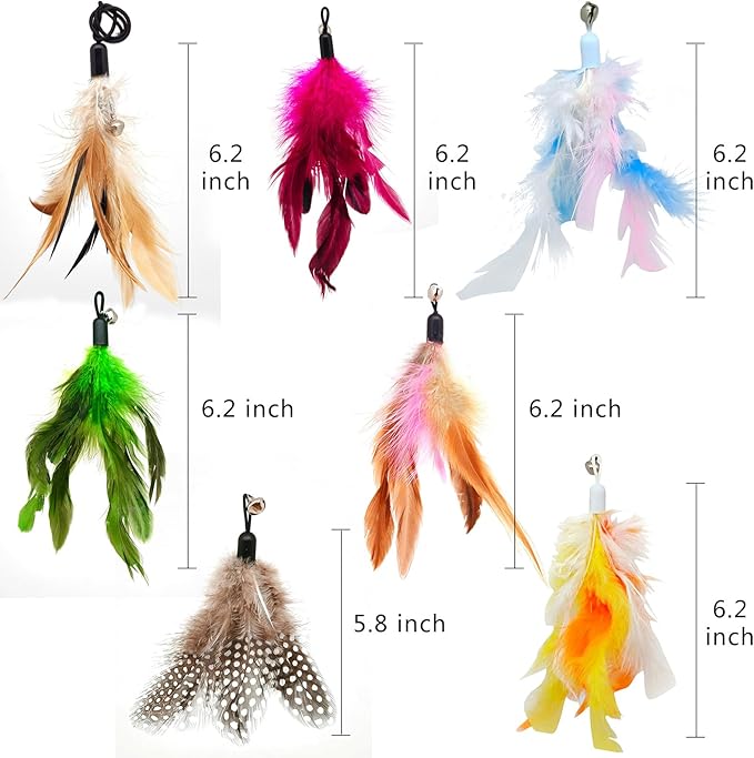 12 Pack Cat Wand Feather Toy Refills with Bells , Natural Feather Replacement for Interactive Cat Teaser Toys, Colorful Cat Wand Attachments, Durable and Safe Cat Toy Accessories for Exercise and Play