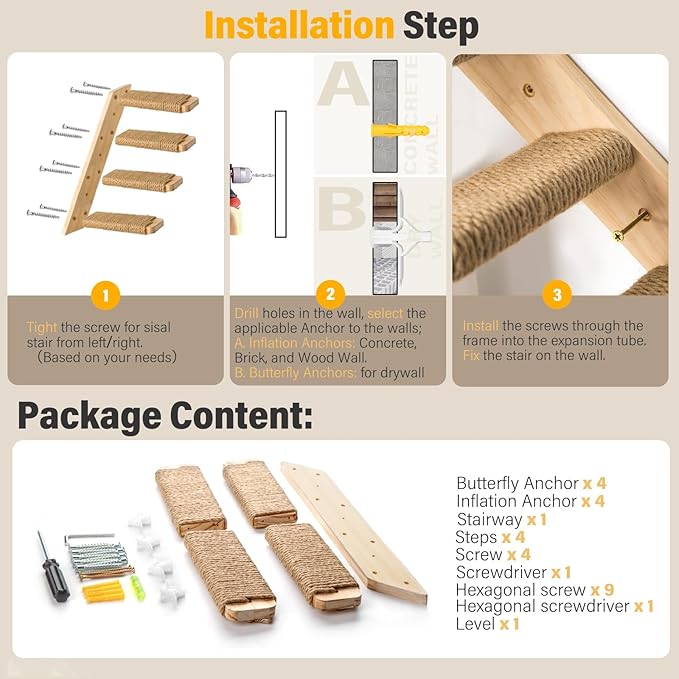 1 Pack 4 Steps Cat Wall Shelves Cat Wall Stairs with Sisal Rope.an Improved＆Stronger Cat Wall Steps Cat Tree Supplies