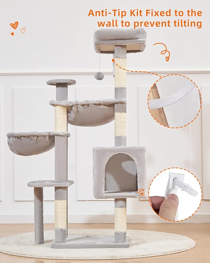 Taoqimiao Cat Tree, 51-Inch Cat Tower for Kittens, Cat Tree Tower with 5 Scratching Posts, Plush Cat Condo with Plush Perch, 2 Hammock, Pompoms, Light Gray MS019XL-W