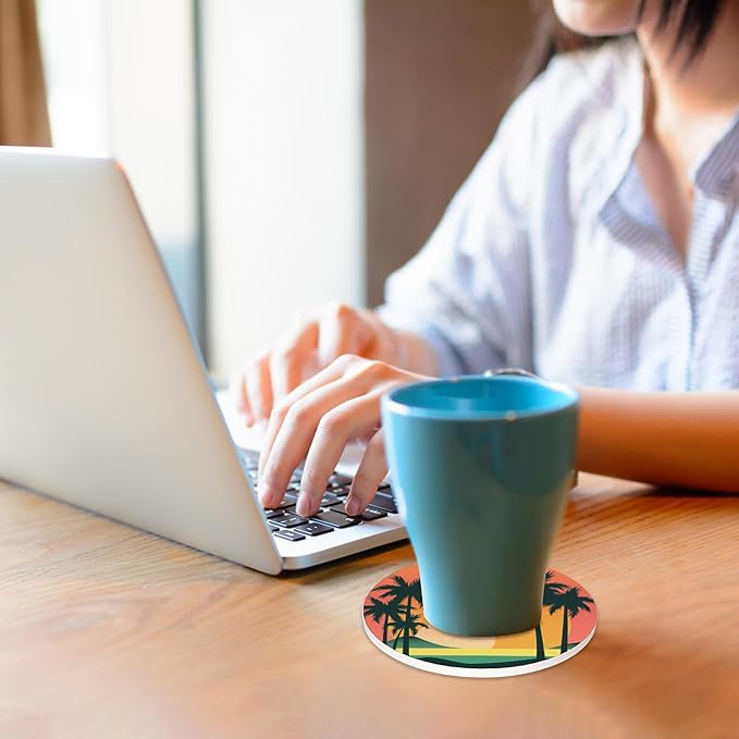 6 Pcs Drink Coasters with Holder,Palm Trees Beach Sunset Absorbent Round Ceramic Coaster for Tabletop Protection,for Coffee Cup Beverage Coasters Wine Beer Bar