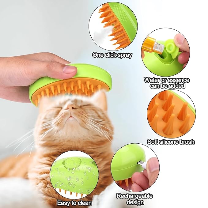 3in1 Steam Grooming Tool: Shedding Massager, Hair Removal Comb for Cats and Dogs, Green