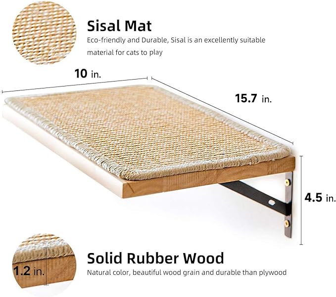 FUKUMARU Cat Wall Shelves, 16 x 10 Inch Cat Wall Furniture with Sisal Mat, Solid Rubber Wood Floating Wall Shelf with Upgraded Installation, Cat Window Perch for Sleeping, Playing and Scratching