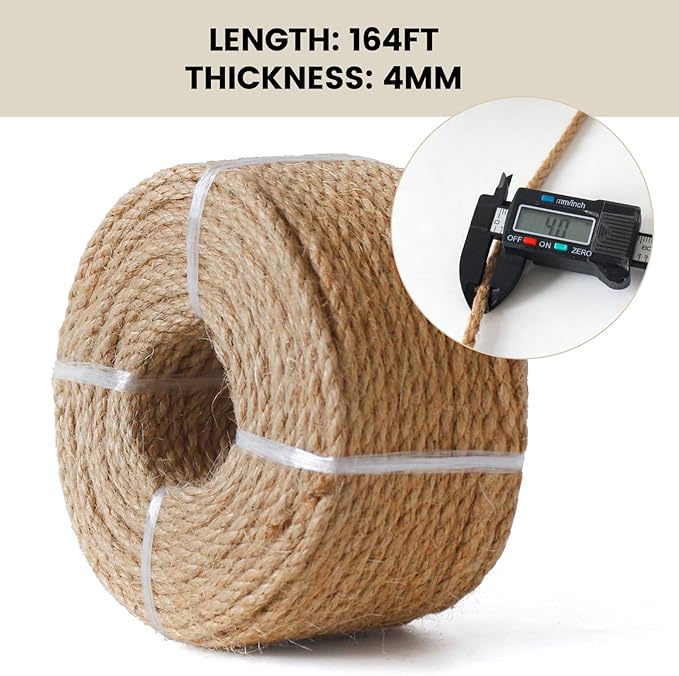 4mm Nature Jute Twine, 164 Feet Jute Rope for Cat Scratching Post DIY Arts Crafts Gardening Bundling Home Decor