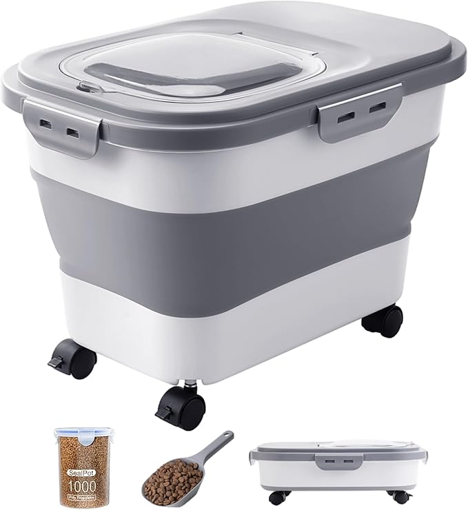 20-23 Lbs Dog Food Storage Container - Collapsible Dog Food Container with Attachable Casters and Scoop,Travel Silicone Bowl, Pet Food Storage Containers to Keep Dry Food Fresh,Easy to Move