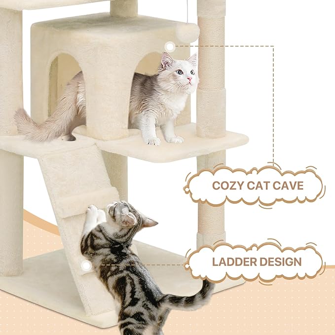 MoNiBloom Cat Tree, 60 Inch Cat Tree Tower with 2 Cat Condo, Cat Tower with Scratching Post, Cat Climbing Tower, Cat Tree for Indoor Cats, Beige