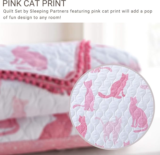 2 Piece Pink Cats Quilt Set with Mini Pom Poms, Twin, Pink