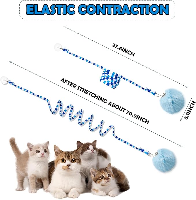 Audoloku 3 Pcs Cat Spring Toys with Self Adhesive Suction Cup Door Ceiling Hanging Cat Toy Interactive Kitten Coil Toys for Indoor Cat Ball Toys with Bell, Foldable Plush Rope Tail Cat Teaser Toy