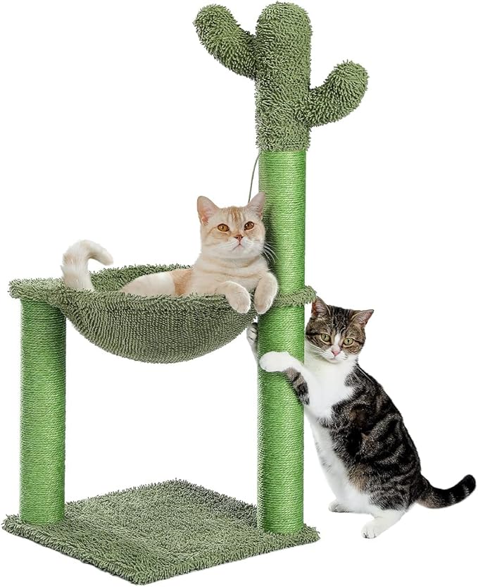 Cat Tree Tower for Kitten with Hammock, Cat Scratching Post for Indoor Medium Cats with Large Perch Dangling Ball and Full Wrapped Natural Sisal Rope Green M