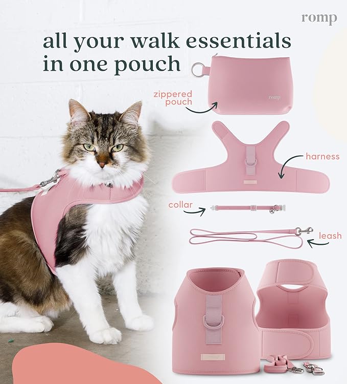 Cat Harness, Collar & Leash Set - Escape Proof Adjustable Choke Free Velcro Harness Vest for Walking Cats & Kittens (Powder Pink, Small)