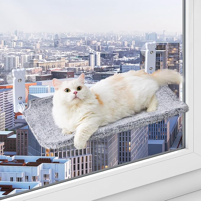 Cat Window Perch for Cats Inside, Foldable Cat Window Hammock for Cats Indoor, Cordless Cat Window Bed Seat with 4 Suction Cups, Sturdy Metal Frame, Soft Reversible Cover, Medium, Grey