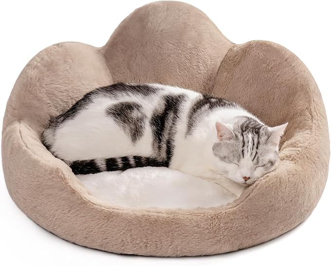 MEWOOFUN Cat Beds for Indoor Cats, Cozy Cute Cat Couch Bed Washable, Round Fluffy Small Dog Beds with Anti-Slip Bottom, Puppy Bed for Small Animals (Khaki, 23")