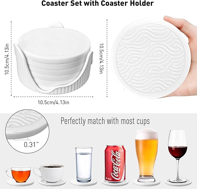 6-Pack Waterpaint Greeting Silicone Coasters with Deep Tray Holder - Double-Sided Drink Coasters - Beverage Mats for Hot or Cold Drinks - Thick, Non-Slip, Non-Stick Silicone with Ceramic Insert