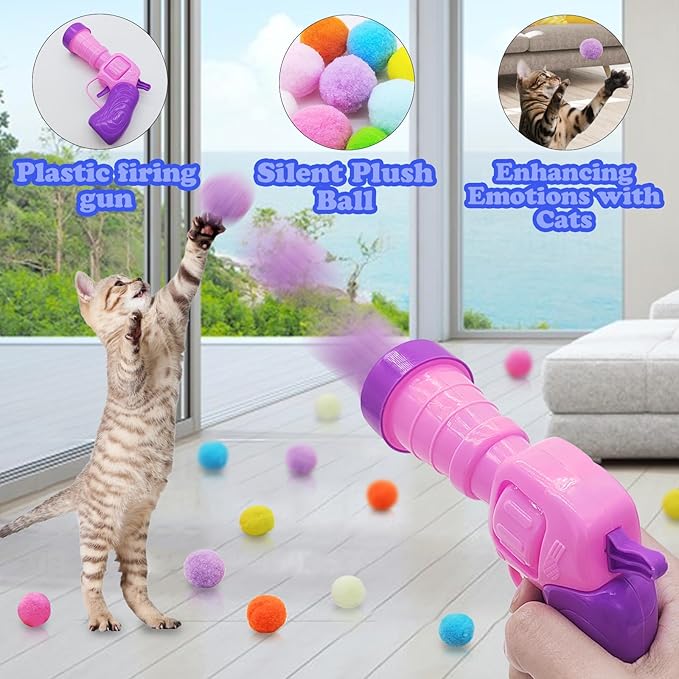 Andiker Cat Toy Balls Set, 30pcs Plush Cat Pom Pom Balls&a Plastic Launcher Set for Cat Catch&Fetch Interactive Cat Toy with Colorful&Soft Cat Balls for Indoor Cats to Keep Fit (Pink 100balls)