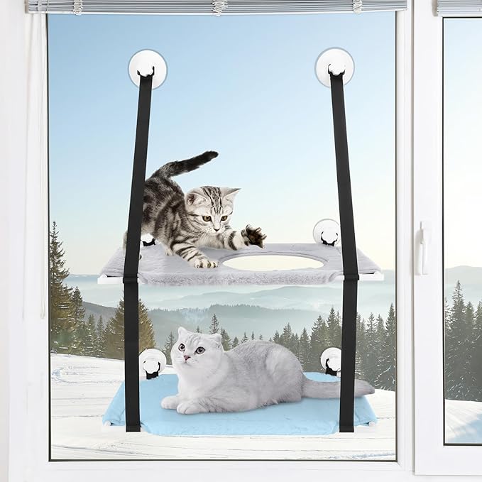 Cat Window Perch,SAN LIKE Double Design Cat Window Hammock,Pet Window Perch Shelf, Large Suction Cups Window Resting Seat for Indoor Cats,Cat Window Bed for Large Cats (Gray+Blue)