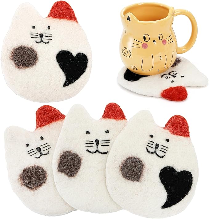 4 Pack Felt Cat Coasters, Durable Wool Cute Cat Themed Cup Coasters for Drinks, Creative Funny Cartoon Moisture Absorbent Mugs Mats Pads for Cats Lover, Home Decor, Table Protection