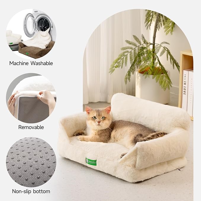 MEWOOFUN Cat Couch Bed for Indoor Cats, Fluffy Cat Sofa with Removable Washable Cover, Cute Cat Bed with Non-Slip Bottom, Pet Beds for Cats and Pups(White,S)
