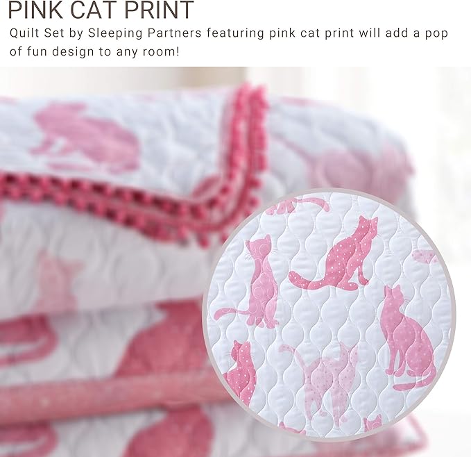 3 Piece Pink Cats Quilt Set with Mini Pom Poms, Full/Queen, Pink