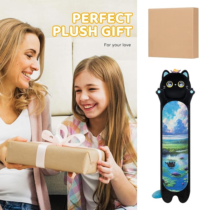 Artist-Designed Ultra Soft Long Cat Plush Body Pillow, Extra Stuffing for Comfort, Premium Quality Stuffed Animal Gift for Girlfriend or Cat Lovers (Butterfly Black Cat 20 Inches)