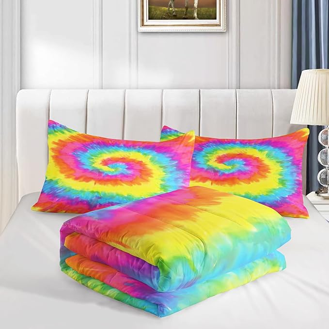 AILONEN Tie Dye Comforter Set for Teens Young Girls, Colorful Marble Bedding Set Full Size,Boho Psychedelic Color Duvet for Kids,Tie Dye Quilt,Microfiber,1 Comforter 2 Pillowcases 3 Piece