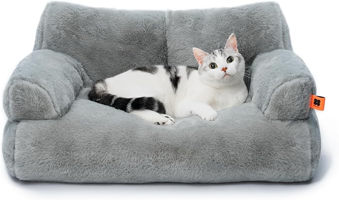 MEWOOFUN Cat Couch Bed for Indoor Cats, Washable Small Dog Beds for Medium Small Dogs & Cats up to 25 lbs, Fluffy Pet Beds with Non-Slip Bottom, 26×19×13 Inch (Grey)
