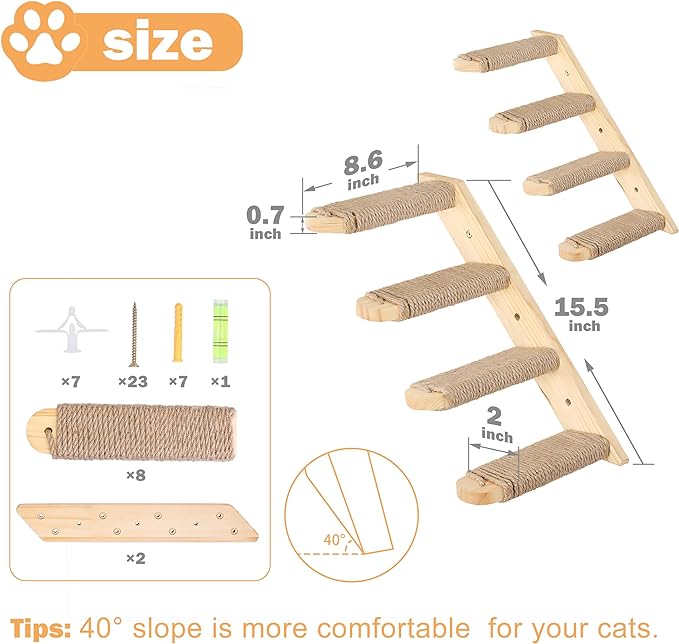 Cat Climbing Shelves Wall Mounted 2PCS Four Cat Steps Reversible Left & Right Direction, Cat Shelf Stairway for Wall with Jute Scratching Ladder Cat Wall Shelves Furniture for Perch Sleeping