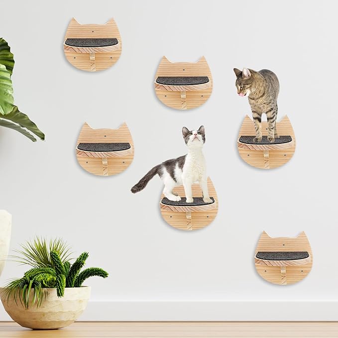 kathson 6 Pcs Cat Wall Mounted Shelves Cat Wall Steps Shelves Wood Cat Climbing Shelves Cat Stairs with Non Slip Felt Cat Ladder Cat Wall Bed Cat Wall Furniture Cat Perch for Springboard Playing