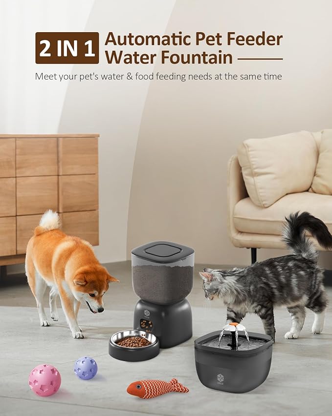 Automatic Cat Feeder with 3L Dry Cat Food Dispenser and 2L Water Fountain, Timed Feeder Dog with Portion Control and Daily Meals, Wire/Battery Automatic Feeders Black