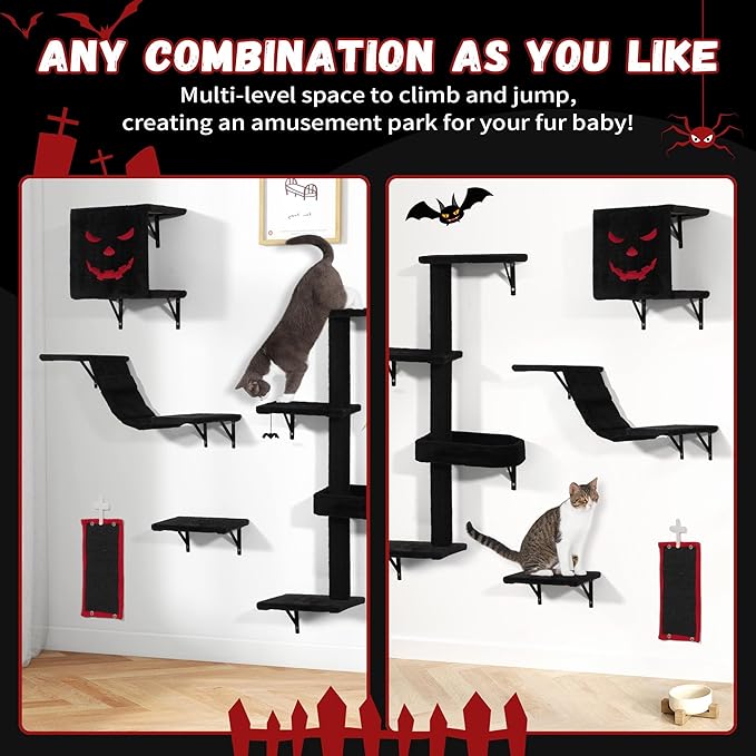 COZIWOW Cat Wall Shelves, Wall-Mounted Cat Climber Set of 5, Floating Cat Perches, Hanging Cat Beds, Modern Cat Furniture for Large Cats or Kitty (Gothic)