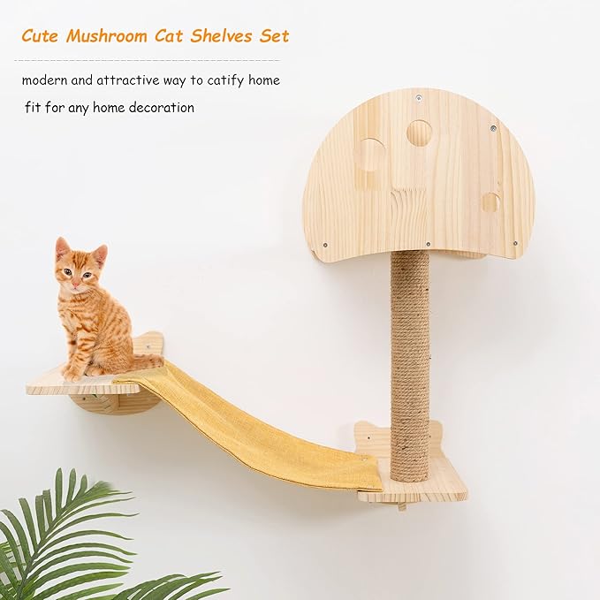 Wall Mounted Cat Tree House Mushroom Cat Shelf for Wall Climbing Solid Wood Indoor Cat Wall Furniture