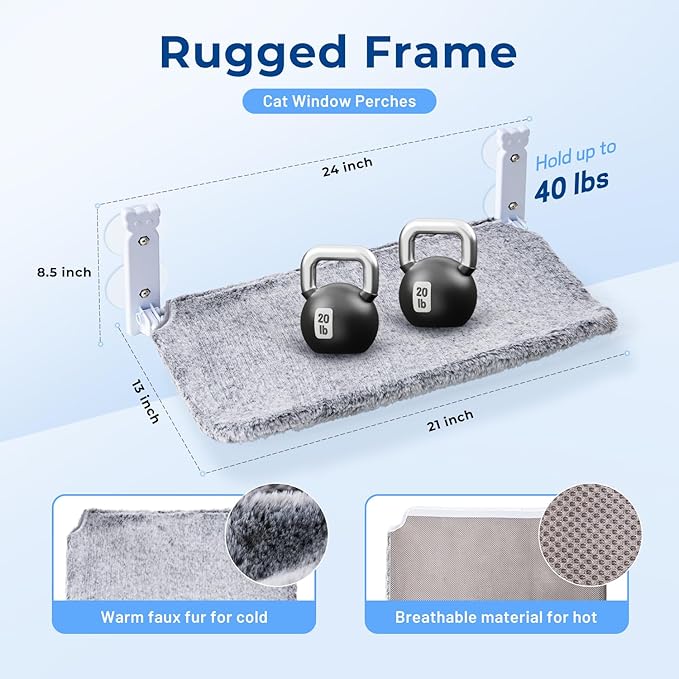 Cat Window Perch for Cats Inside, Foldable Cat Window Hammock for Cats Indoor, Cordless Cat Window Bed Seat with 4 Suction Cups, Sturdy Metal Frame, Soft Reversible Cover, Medium, Grey