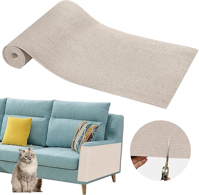 Cat Scratch Furniture Protector Pads with Self-adhesive Backing, 98.5"X15.8" Beige Randomly Cutting Trimmable Cat Scratch Carpet Mat Post Tree Shelves Cover Replacement for Sofa,Wall,Couch,Door,Corner