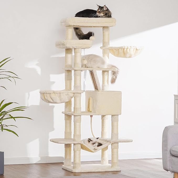 Heybly Cat Tree, 68 inch Multi-Level Cat Tower for Indoor Cats, 2 Widened Plush Perches Cat Condo with Scratching Board and Big Caves, Beige HCT025M