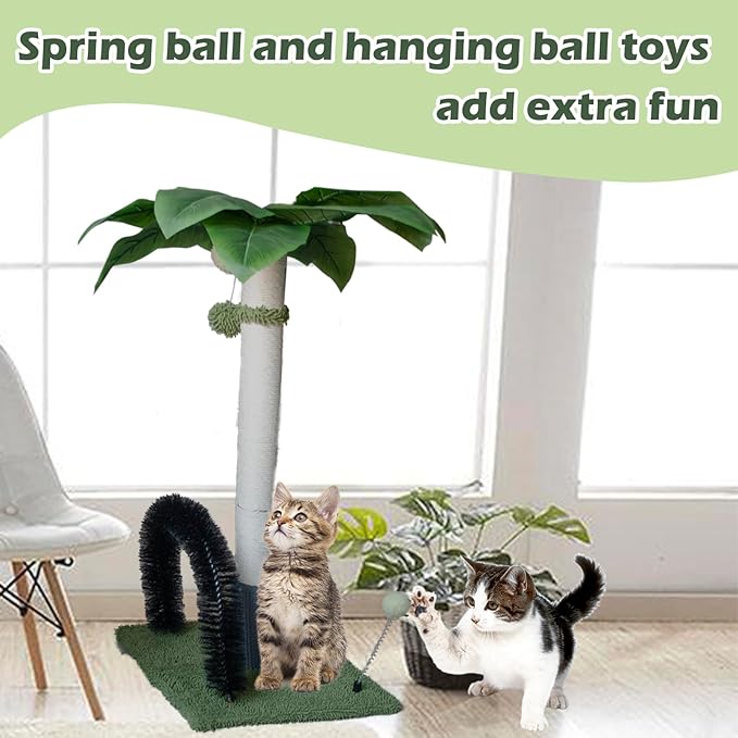 Cat Scratching Post,29.5 Inches Tall Palm Tree Cat Scratcher,Natural Sisal Cat Scratching Posts with Interactive Balls and Self Groomer Brush for Indoor Cats Cute Kitten Adults Cats(Green)