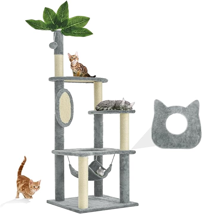 61" Large Cat Tree Tower for Indoor Cats with DIY Green Leaves Scratching Post Multi Soft Hang Ball Plush Cat House Furniture 360° Rotating Cat Scratch Board with Hammock, Grey
