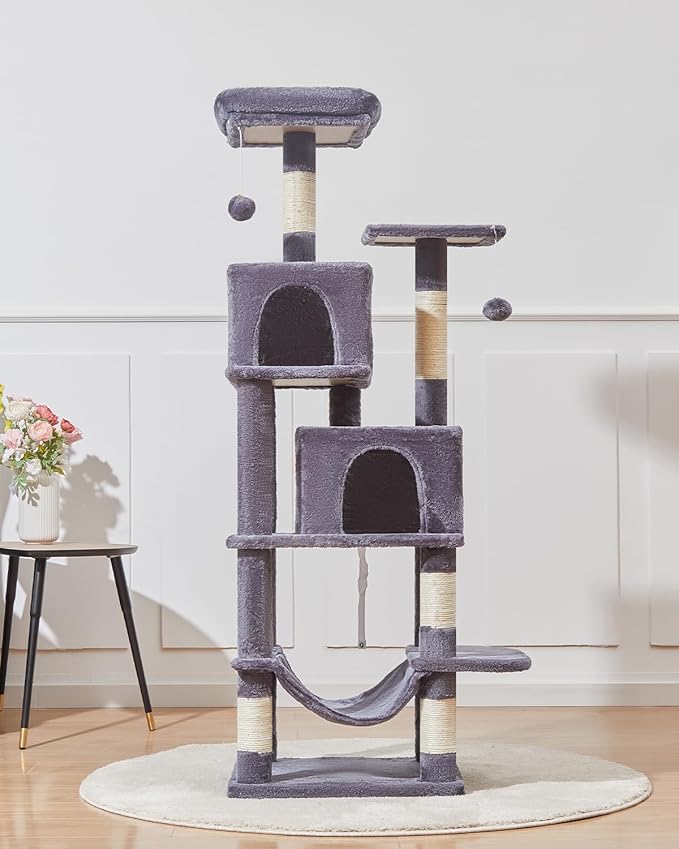Taoqimiao Cat Tree, 61-Inch Cat Tower for Indoor Cats, Plush Multi-Level Cat Condo with 5 Scratching Posts, 2 Perches, 2 Caves, Hammock, 2 Pompoms, Smoky Gray MS013SG