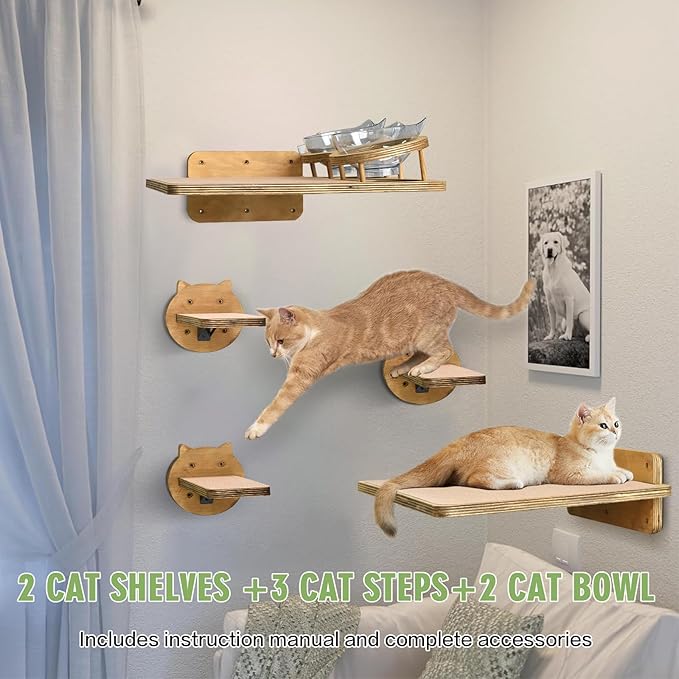 Cat Wall Shelves, Wood Cat Shelves for Wall with Cat Feeding Station, Cat Wall Furniture with 3 Cat Wall Steps, Cat Shelves and Perches, Wall Mounted Cat Climbing Shelf, Cat Lover Gift, 4 Board