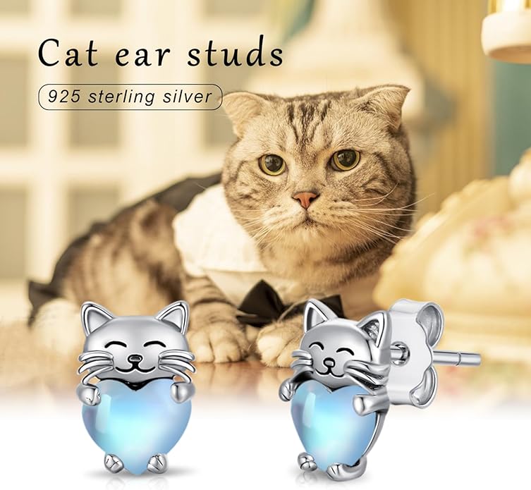 925 Sterling Silver Cat Earrings Cute Animal Kitten Stud Earrings cat Jewelry Gifts for Women Girls Hypoallergenic Earrings for Sensitive Ears