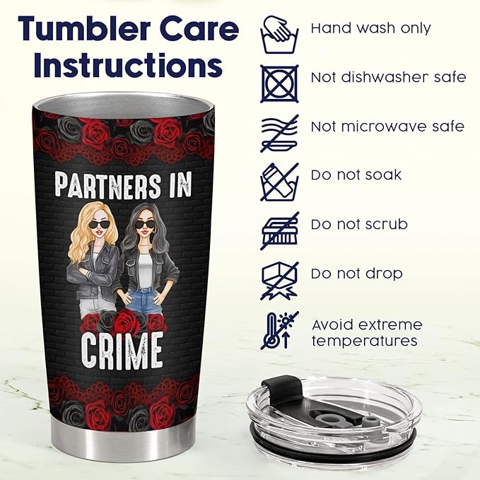 34HD Partners in Crime Tumbler with Lid, 20oz Stainless Steel Bestie Drinking Cup, BFF Coffee Mug, Best Friends Gifts for Birthday Christmas, Funny Friends Gift Ideas for Women