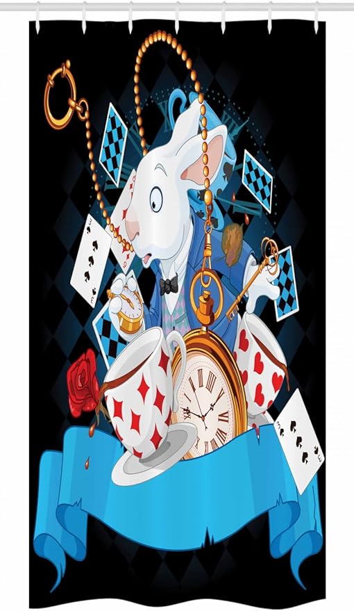 Ambesonne Alice in Wonderland Stall Shower Curtain, Rabbit Motion Cups Hearts and Flower Character Alice Cartoon Style, Fabric Bathroom Decor Set with Hooks, 36" W x 72" L, Dark Blue Charcoal Grey