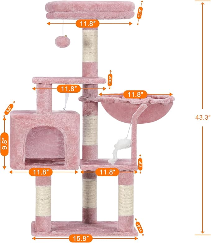 Heybly Cat Tree with Toy, Cat Tower condo for Indoor Cats, Cat House with Padded Plush Perch, Cozy Hammock and Sisal Scratching Posts, Skin Pink HCT004SP