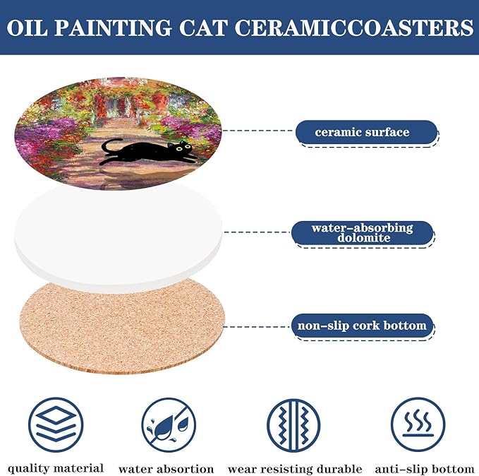6Pcs Black Cat Painting Coaster Floral Animal Ceramic Coaster Cute Flower Absorbent Cup Mat for Spring Home Kitchen Party Table Decor