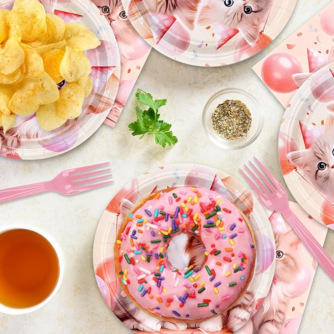 48Pcs Pink Cat Happy Birthday Party Decorations Kitten Cat Birthday Baby Shower Forks Plates and Napkins Set Party Decorations for Women Party Supplies Serve 16
