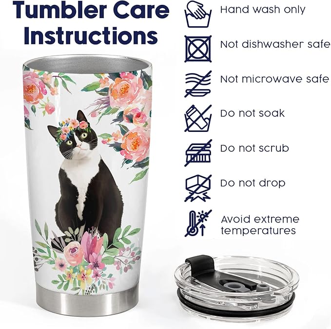 34HD Just A Girl Who Loves Cats Tumbler with Lid, 20 oz Stainless Steel Vacuum Insulated Tuxedo Coffee Mug, Cat Mom Gifts for Cat Lovers Women Birthday Mothers Day Christmas