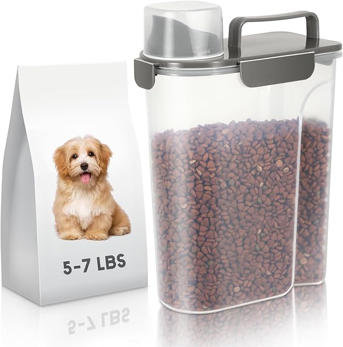 5-10LBS Rice Storage Container with Large Nozzle Design, 4 Safety Buckles, Double-Layer Sealing Strips and a Handle and Measuring Cup is Easy to Clean and Does BPA-free.