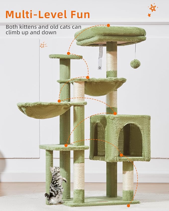 Taoqimiao Cat Tree, 39.4-Inch Cat Tower for Indoor Cats,Suitable for Kittens,Plush Cat Condo with 5 Scratching Posts, Plush Perch,2 Hammock,Pompoms, MS019GR Green
